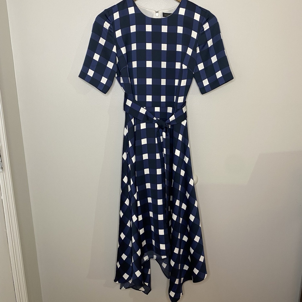 Banana Republic Size 0 Dress Check Handkerchief Hem Midi Fit & Flare Blue Black